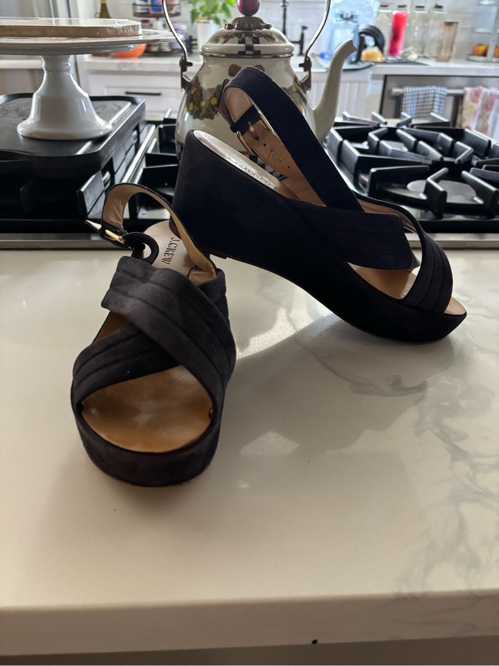 J. Crew Navy blue  Suede Peep-Toe Slingback Wedge Sandals